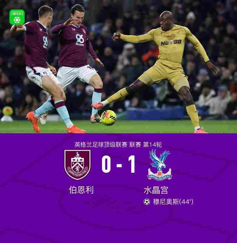 水晶宮客場1-0伯恩利,格伊助攻穆尼奧斯頭球制勝